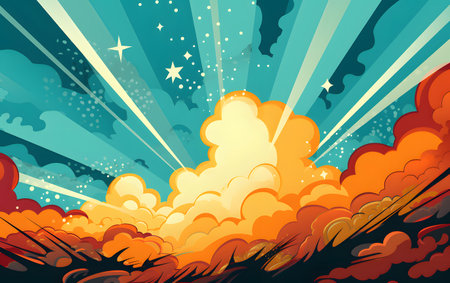 Cartoon vector illustration of a big fire in the night sky.の素材