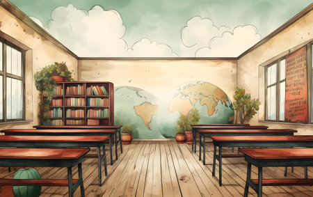 Interior of a school classroom with wooden desks and chairs - illustrationの素材