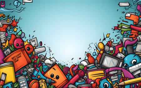 Cartoon cute doodles hand drawn School elements background. Colorful detailed, with lots of objects backgroundの素材