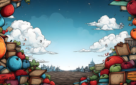 Cartoon school background with many objects and space for text - illustration for childrenの素材