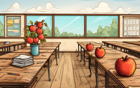 Illustration of a school classroom with apple trees in a vaseの素材