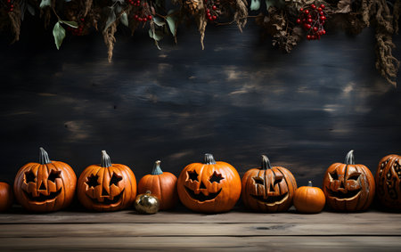 Halloween pumpkins on rustic wooden background with copy space.の素材