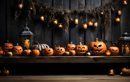 Halloween pumpkins on wooden shelf in dark room with lanternsの素材