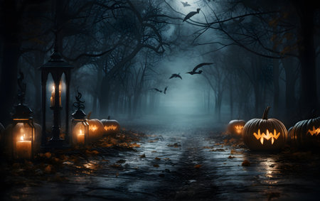 Halloween background with pumpkins, lanterns and foggy treesの素材
