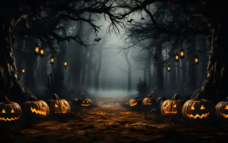 Halloween background with pumpkins in the dark forest. 3D renderingの素材