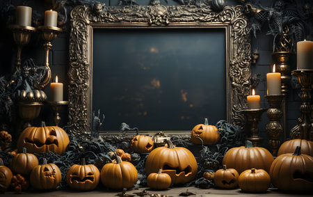 Halloween background with pumpkins, candles and blackboard. 3d renderingの素材