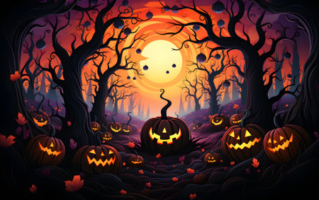 Halloween background with scary pumpkins in dark forest. illustrationの素材