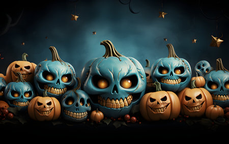 Halloween pumpkins with scary faces on dark background. 3d illustrationの素材