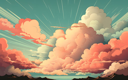 Vector illustration of a stormy sky with clouds and sun rays.の素材