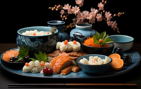 Japanese food - Sushi Set on a wooden table with black backgroundの素材