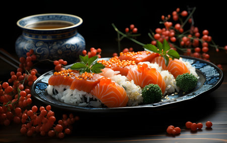 Japanese cuisine. Sushi roll with salmon, avocado, red caviar and sesame seedsの素材