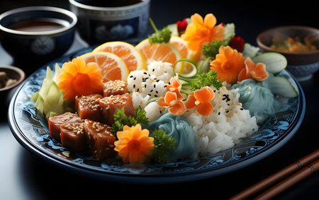 japanese kitchen. rolls on the background of a blue plateの素材