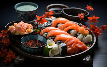 Sushi set on black background. Sushi rolls with salmon, tuna, caviar and caviar. Japanese food.の素材