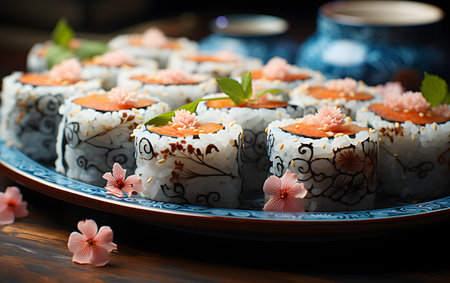 Sushi rolls on a plate, close-up, selective focusの素材