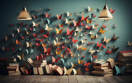 Pile of books with flying paper butterflies on the wall. Educational concept. 3D Renderingの素材