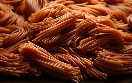closeup of a pile of dry italian spaghetti on a black backgroundの素材