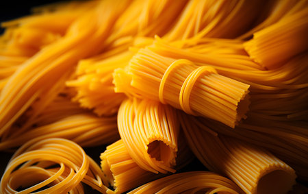 close up of uncooked Italian pasta on black background with selective focusの素材