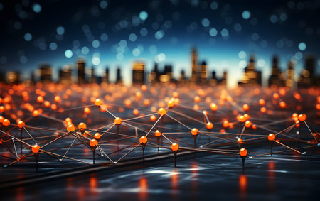 3D rendering of a network of connections with the city in the backgroundの素材