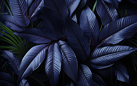 Dark blue tropical leaves background, 3d rendering. Computer digital drawing.の素材