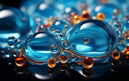 Blue water drops with reflection on black background. 3D illustration.の素材