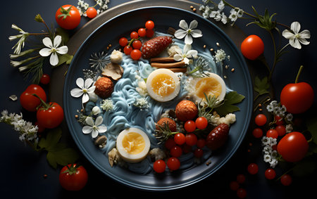 Healthy breakfast with boiled eggs, cherry tomatoes and flowers on dark backgroundの素材