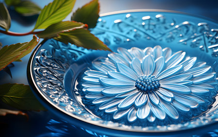 Blue chrysanthemum in a plate on a blue backgroundの素材