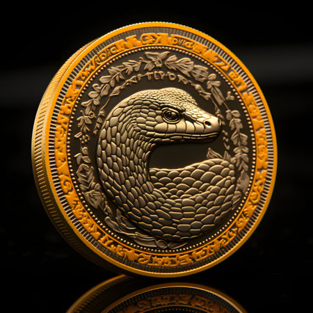 Golden snake coin on a black background. Close-up picture.の素材