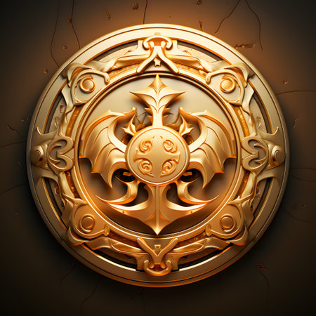 3d illustration of golden shield with ornament. 3d rendering.の素材