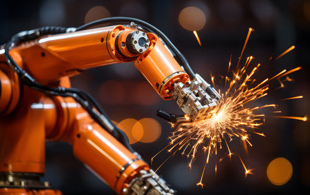 Industrial robot arm with sparkler on blurred background, closeupの素材