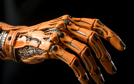 Orange robot hand on a black background close-up. 3d renderingの素材