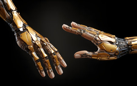 Robot hand and human hand on dark background. 3d renderingの素材