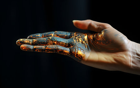Close-up of human hand with glowing robot arm on dark backgroundの素材