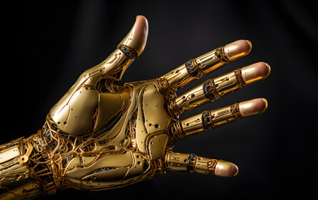 Golden robot hand on a black background. 3d render, 3d illustration.の素材