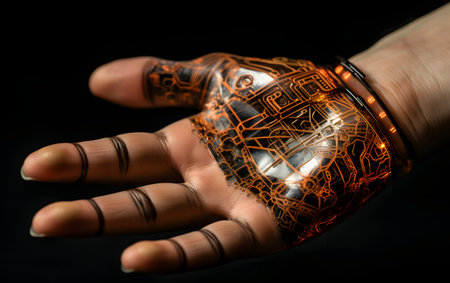 Hand of a man with a tattoo on his hand. Black background.の素材