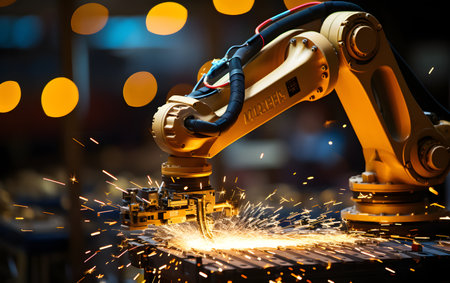 Industrial robot working with sparks flying in the air. automotive-industryの素材