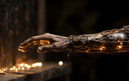 Cropped image of a human hand holding a glowing garland.の素材