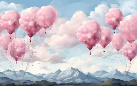 Valentine's day background with pink heart shaped balloons and mountainsの素材