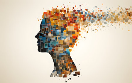 Silhouette of a female head made of colorful pixels. Vector illustration.の素材