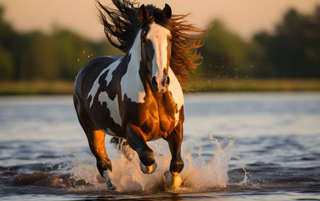 Beautiful irish cob stallion running in the water at sunsetの素材