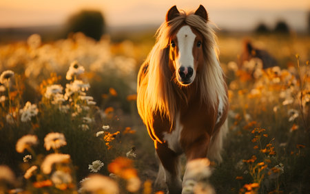 Beautiful Icelandic horse at sunset in the field of daisiesの素材