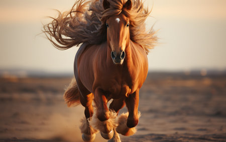 Beautiful bay horse with long mane running on the beach at sunsetの素材