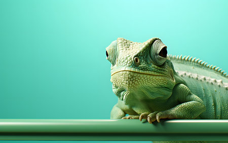 Green chameleon on green background, close-up view.の素材