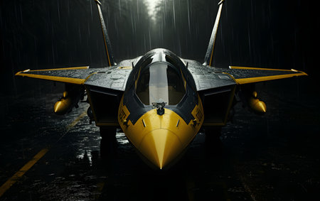 3D rendering of a fighter jet on a dark foggy backgroundの素材