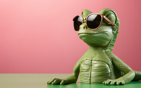 Cute green crocodile in sunglasses on a pink background. 3d renderingの素材