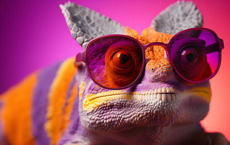 Close-up portrait of a chameleon wearing purple glasses.の素材