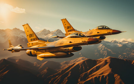 Fighter jet fighter in the mountains. 3d render illustration.の素材