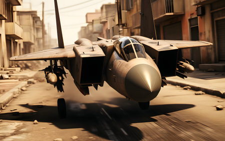Military fighter jet in the city. 3d rendering. toned pictureの素材