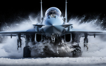 Military fighter jet in the snow. 3D illustration. Studio shot.の素材
