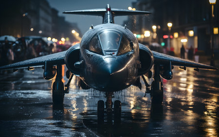 A low angle shot of a jet plane in the rain on a rainy dayの素材