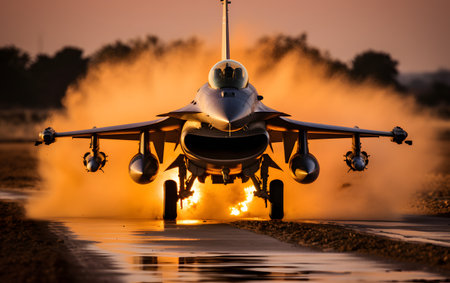 Military fighter jet landing on runway at sunset. Military fighter jet taking offの素材